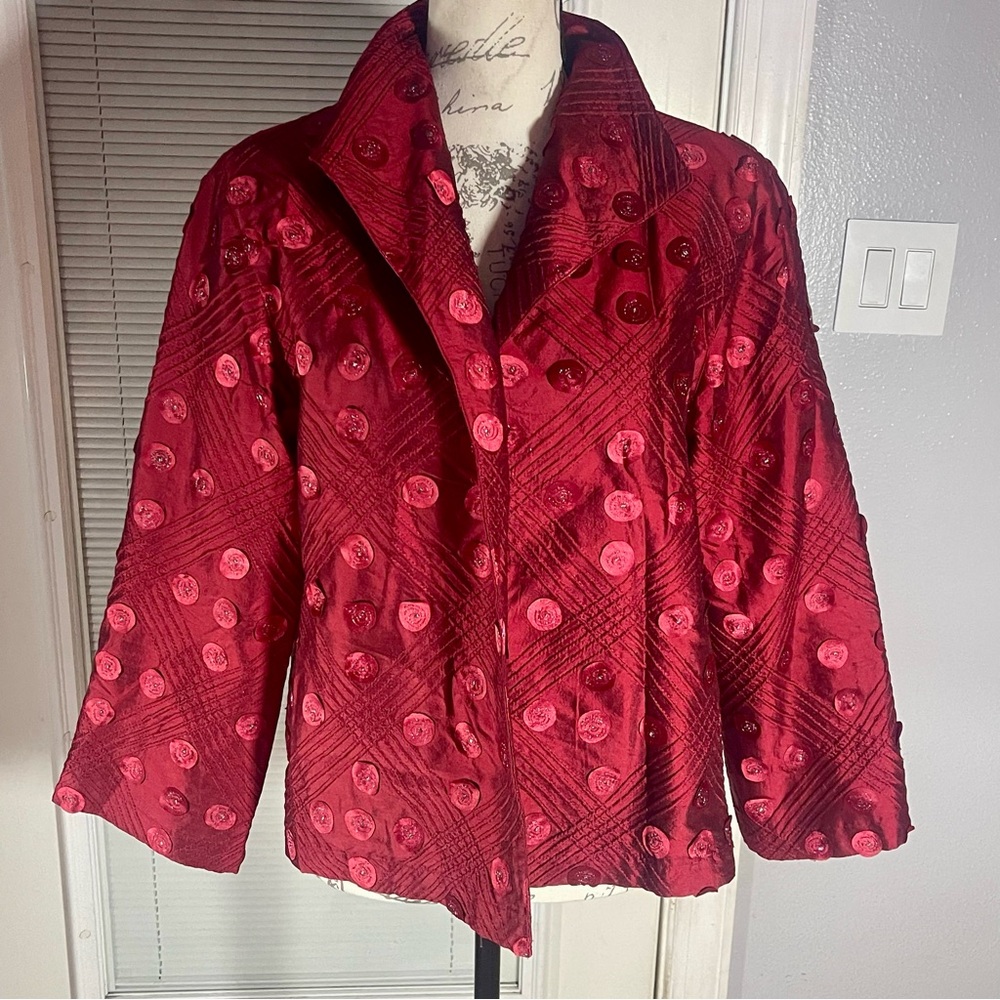 Caroline Rose Vtg 80’s Maroon Red Cosmic Swirls Polka Dot Silk Jacket Sz M